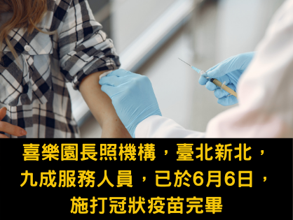 喜樂園長照機構，臺北新北，九成服務人員，已於6月6日，施打冠狀疫苗完畢